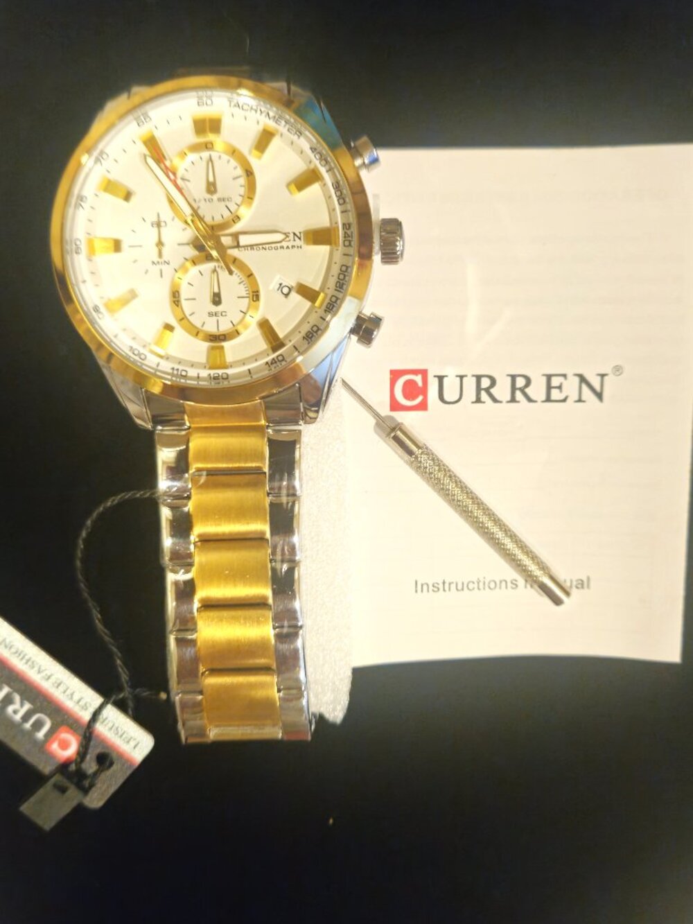 Attractive Curren Chronograph Watch Round Silver Case Two-Tone Band